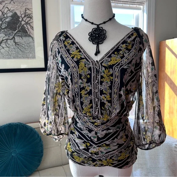 Diane Von Furstenberg Black Floral Sheer Blouse with Yellow & Green Accents - Picture 4 of 6